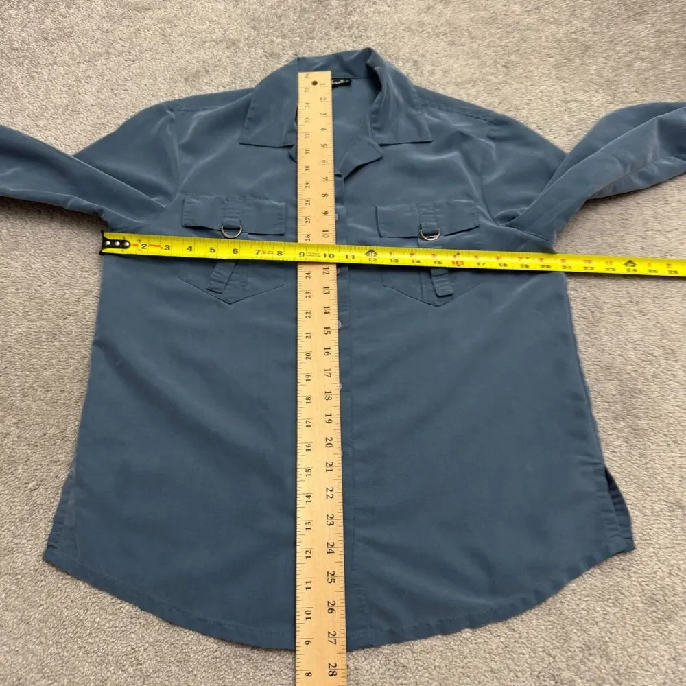 Vintage Rafaella Utility Safari Button Down Shirt Womens Medium Blue Rayon Top